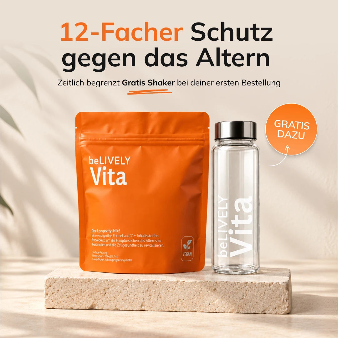 beLIVELY Vita Beutel neben einem Glas Wasser